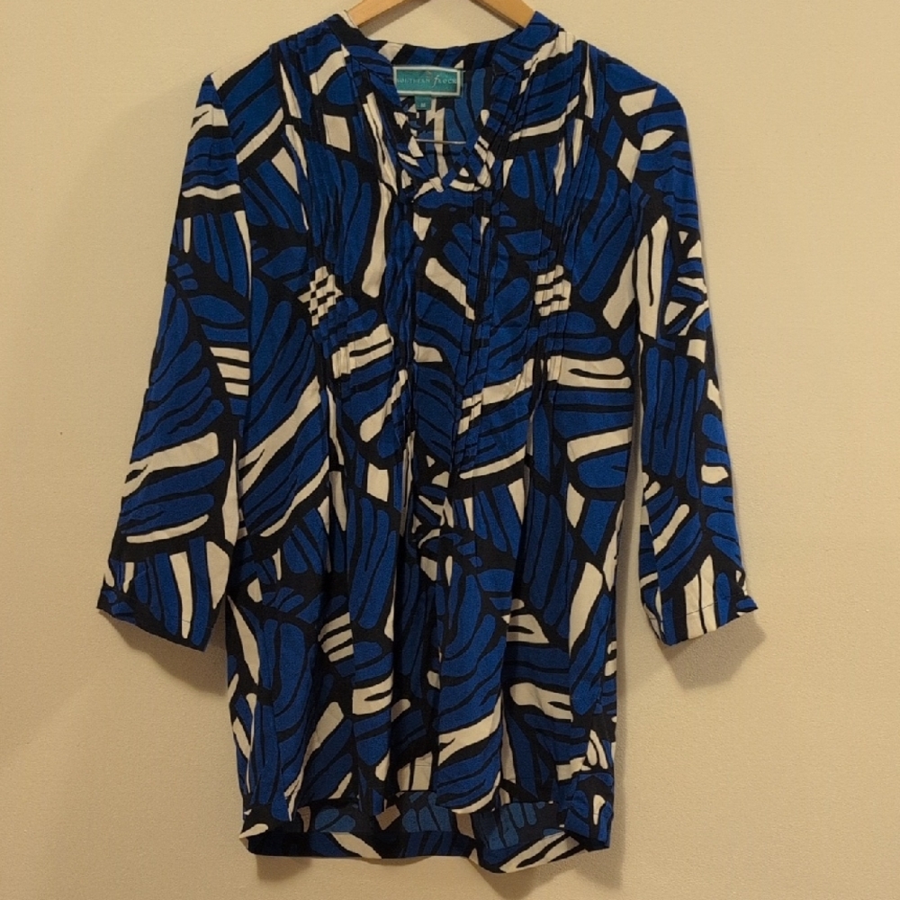 Southern Frock Blue, White and Black Patterned Tunic, NWOT SZ M
